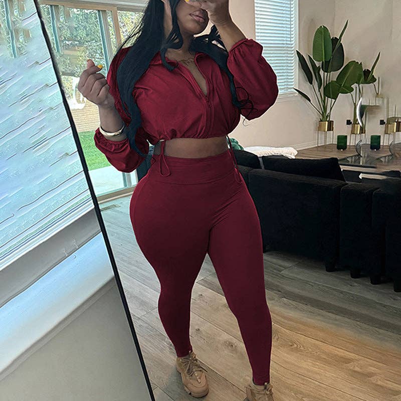 MB Fashion Wholesale - Wholesale Activewear Set - Women's - MB FASHION Zip-Up Crop Jacket & High-Waist Leggings Set 1552LY15