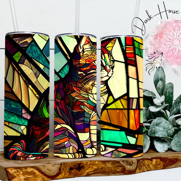 Stained Glass Striped Cat Kitten Tumbler for wholesale by Dark Horse Dream Designs LLC