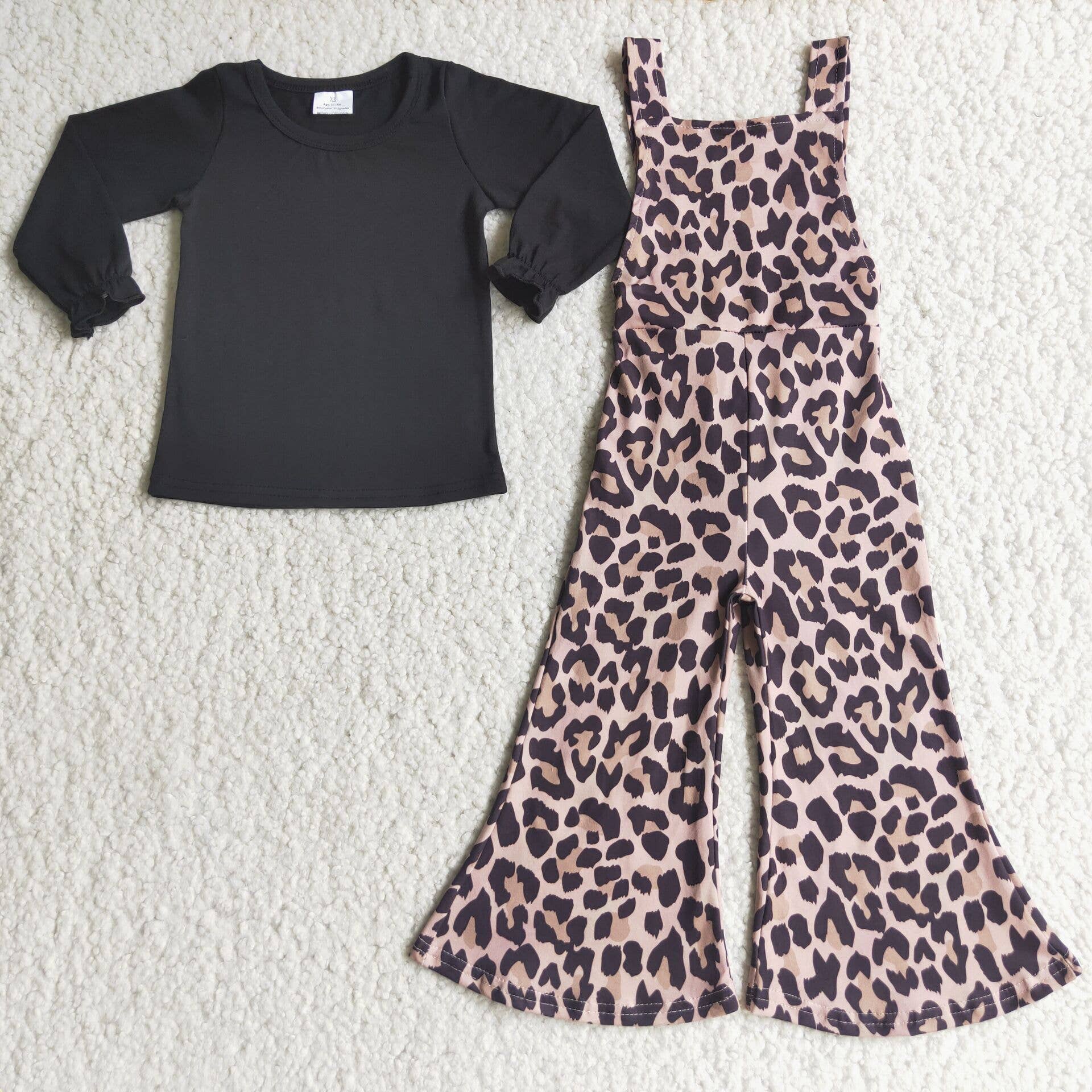 Yawoo Garments - Wholesale Top & Pant Set - Kids - Black cotton shirt leopard print overalls girls clothing0