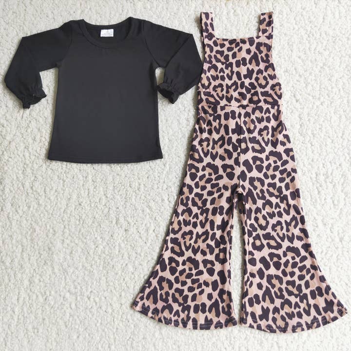 Yawoo Garments - Wholesale Top & Pant Set - Kids - Black cotton shirt leopard print overalls girls clothing