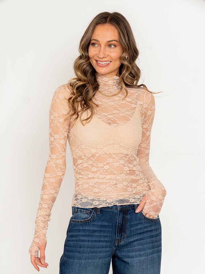 Long Sleeve Mock Neck Fitted Floral Lace Top for wholesale by Sew In Love