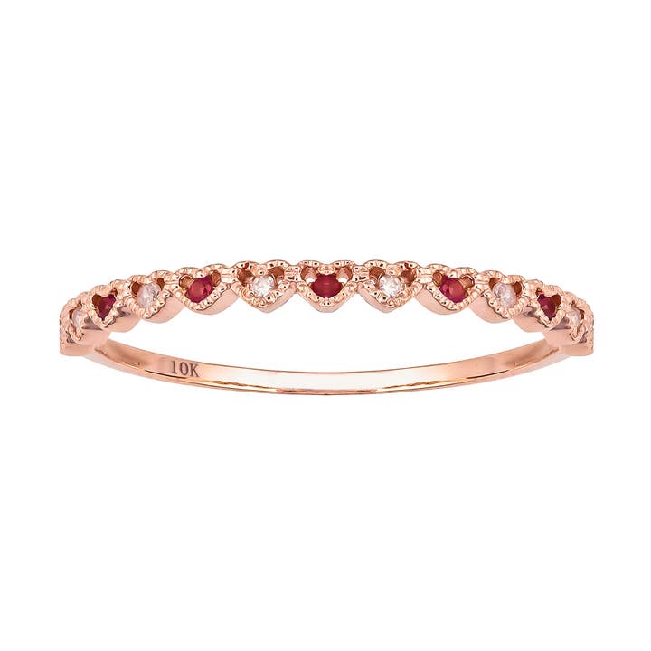 10k Rose Gold Genuine Ruby and Diamond Petite Heart Stackable Band for wholesale by Luxurie Inc