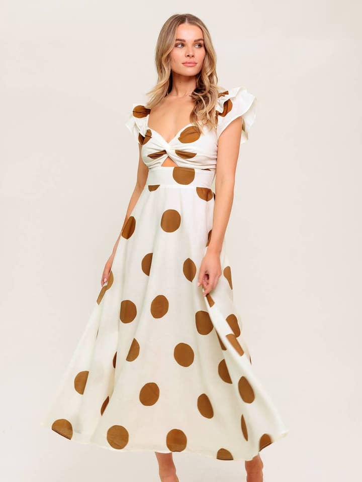 IVORY CAMEL A printed woven midi dress - ID22364 for wholesale on Faire