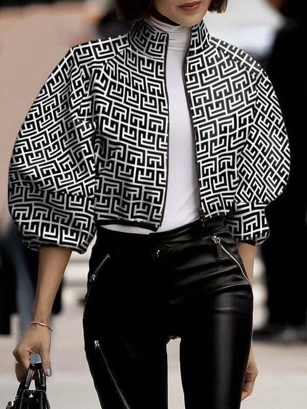 RED Loose Puff Sleeves Printed Stand Collar Outerwear for wholesale on Faire2