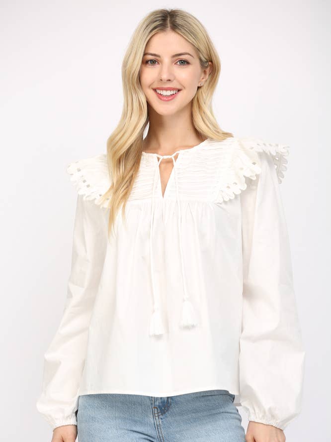 TUCK DETAIL TASSEL TRIMMED TIE NECK TOP FT22179 for wholesale by FATE
