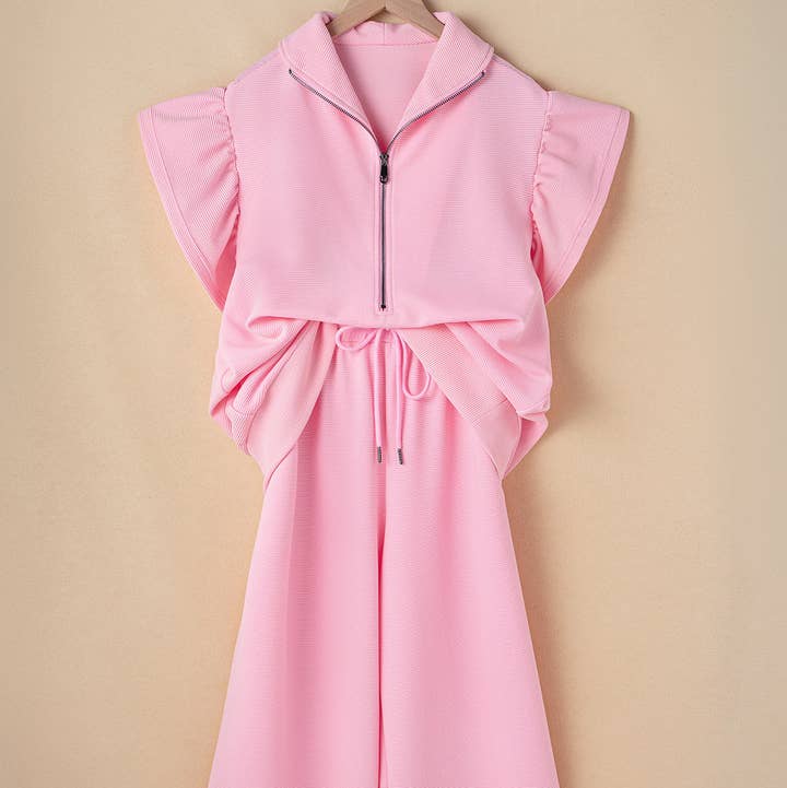 Pink Textured Ruffled Sleeve Zipped Top and Wide Leg Pants Set for wholesale by Azzurro
