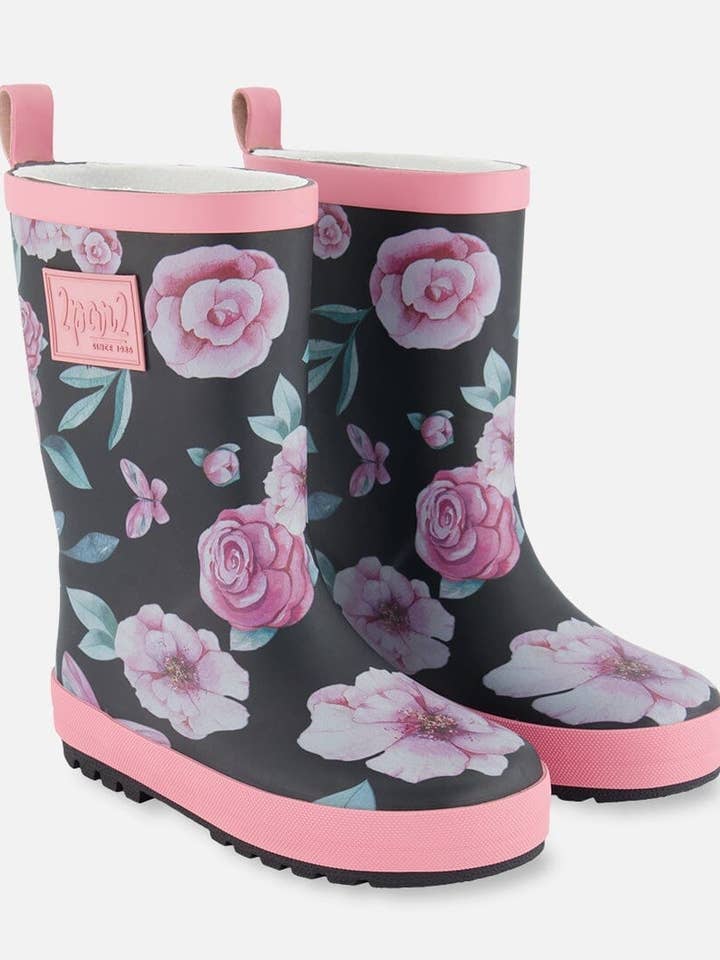 Stivali da pioggia stampati rosa, neri e fiori per la vendita all'ingrosso da parte di Deux par Deux