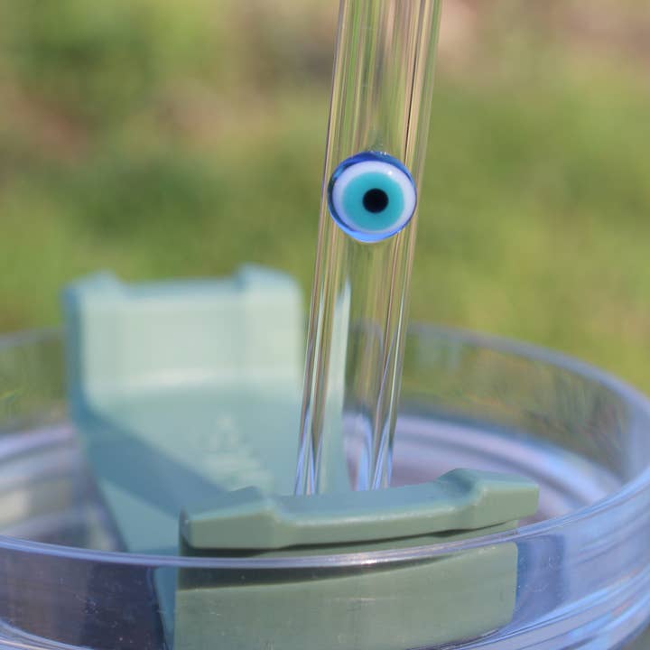 12 Inch Glass Straw with Evil Eye for 40-44 oz Cups for wholesale by DrinkingStraws.Glass LLC