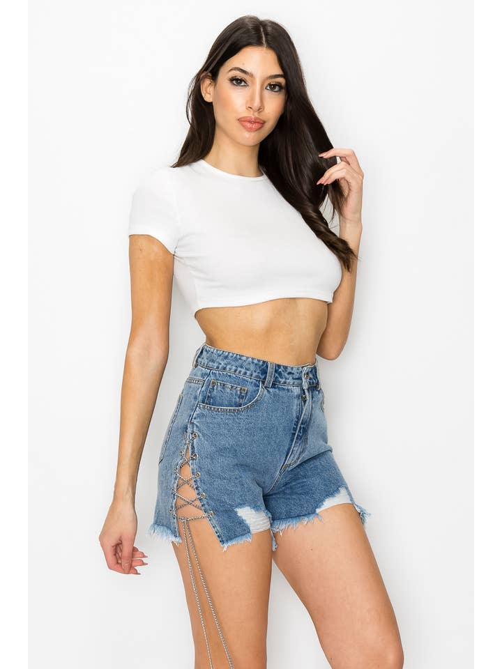 Med Medium Denim Distraherede denimshorts med sidekæde og snørebånd for engroshandel på Faire