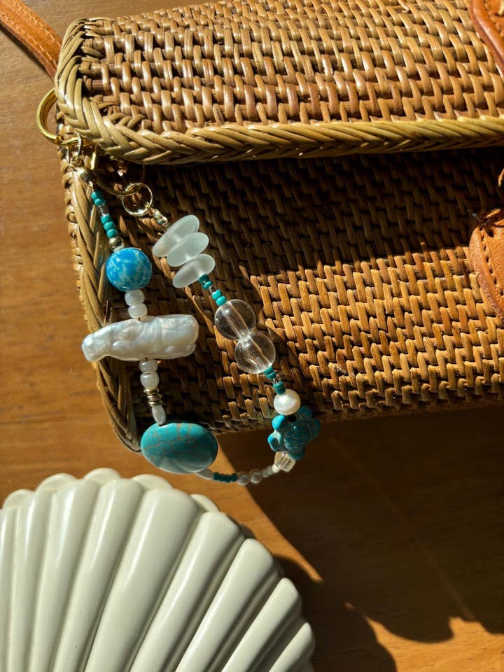 Handmade Sea Treasures Bag Charm Keychain with Pearls for wholesale by Curated By LW