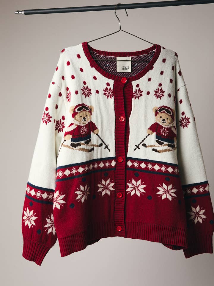 CREAM RED ROUND NECK LONG SLEEVE BUTTON UP "SKI BEAR" SWEATER CARDIGAN for wholesale on Faire5