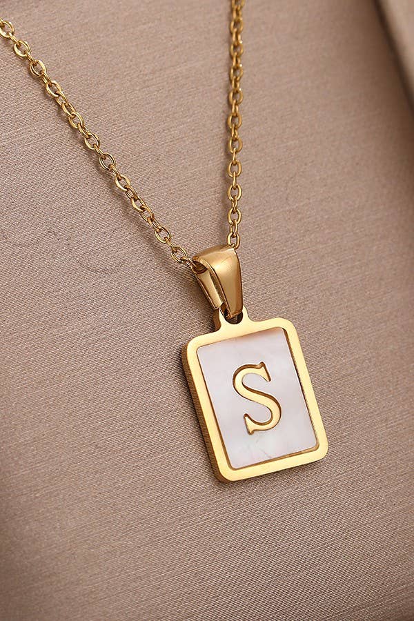 JOSSLYN by wall to wall - Wholesale Pendant/Charm Necklace - MOP  INITIAL STAINLESS STEEL TARNISH FREE NECKLACE | 40NK31419