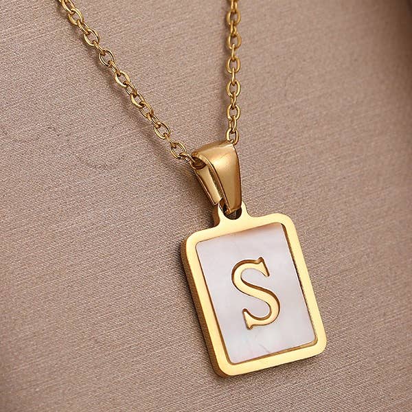 JOSSLYN by wall to wall - Wholesale Pendant/Charm Necklace - MOP INITIAL STAINLESS STEEL TARNISH FREE NECKLACE | 40NK31419