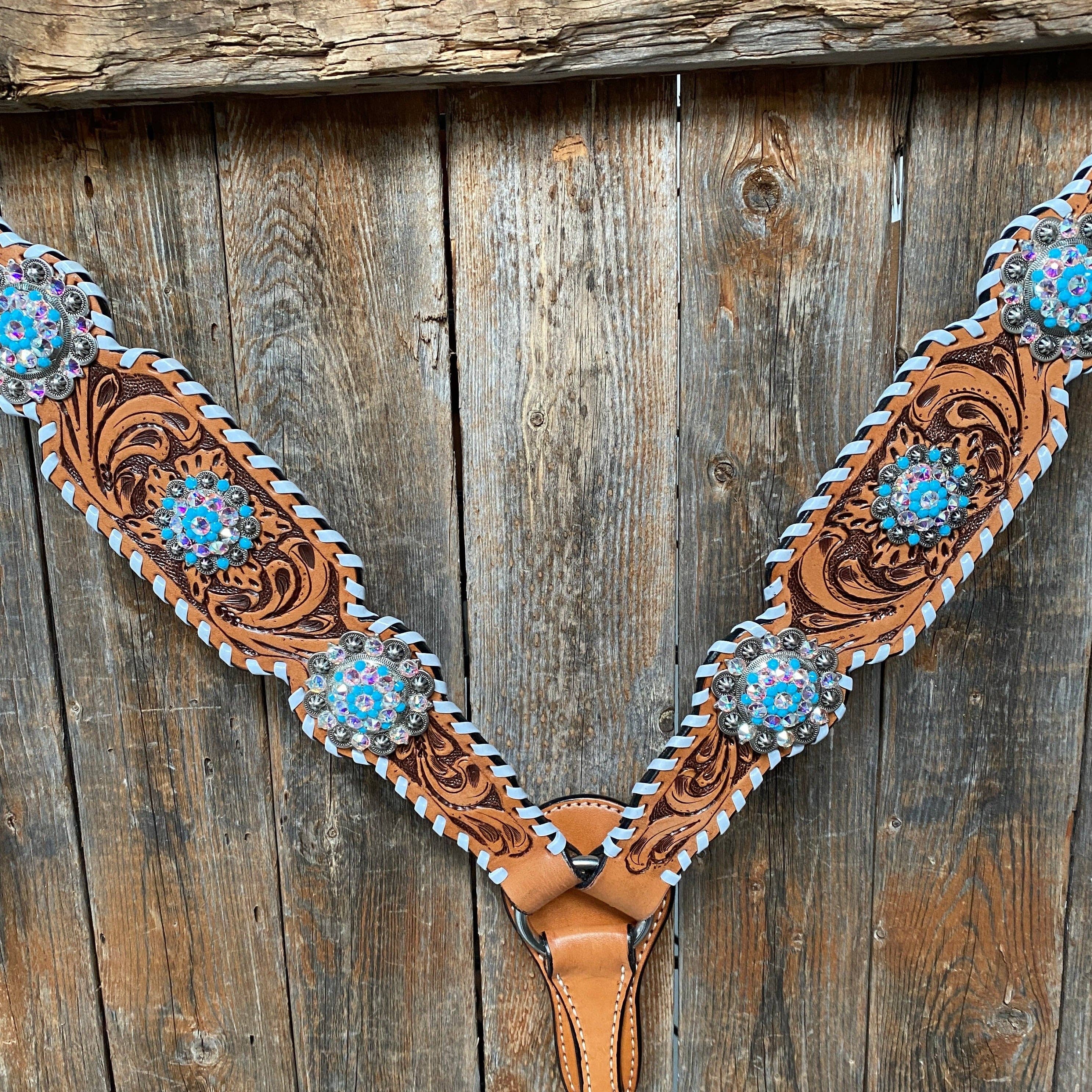 Rodeo Drive - Wholesale Horseback Riding Gear - Whipstitch Turquoise & AB Browband/One Ear Tack Set with Wither Strap  #BBBC4635