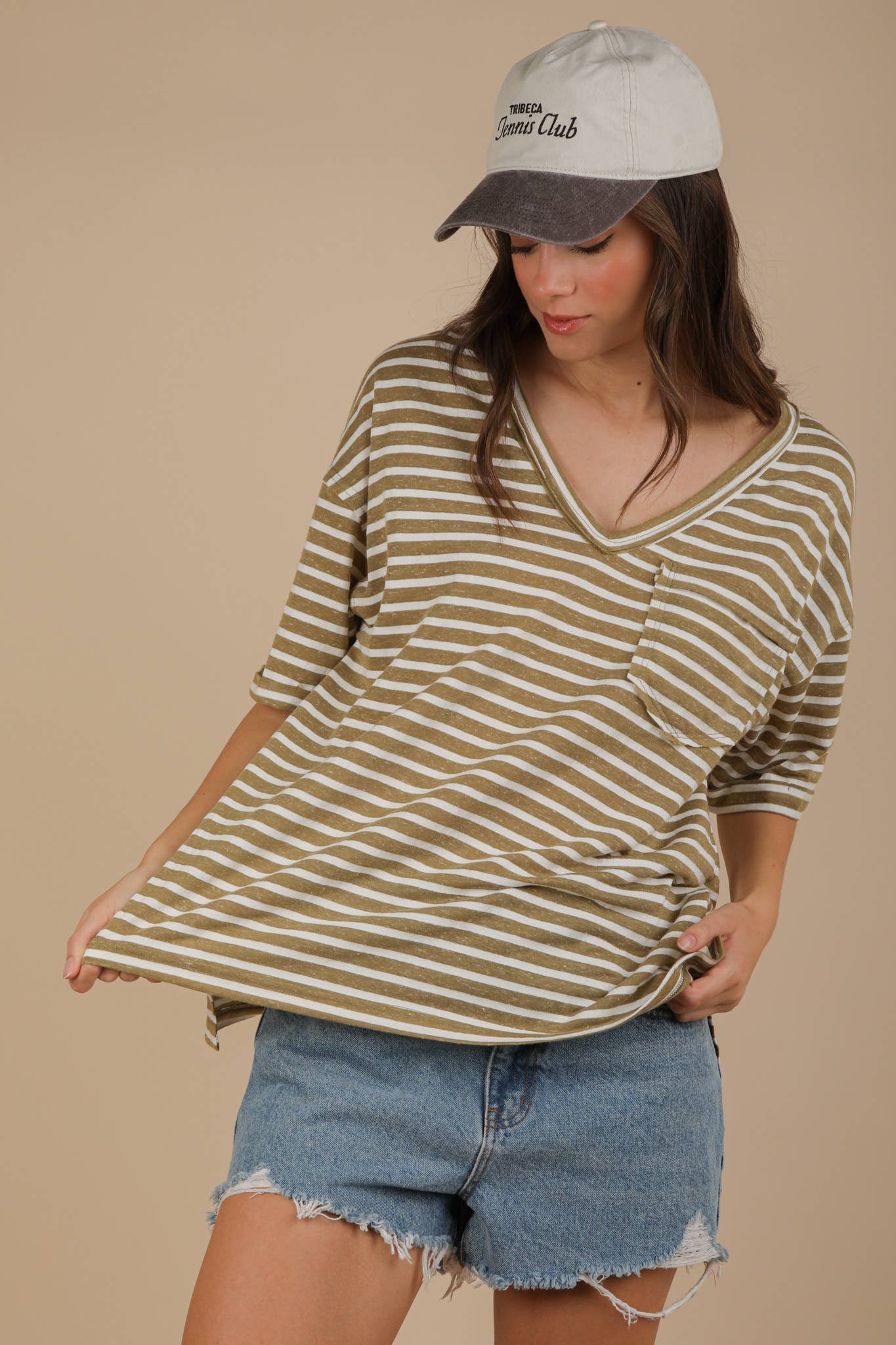 VERY J - Wholesale Knit Top - Women's - NT12167-Oversized Stripe Casual V-Neck Knit Top8