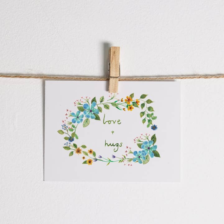 Love and hugs delicate flowers card for wholesale by Angela Savage Illustration