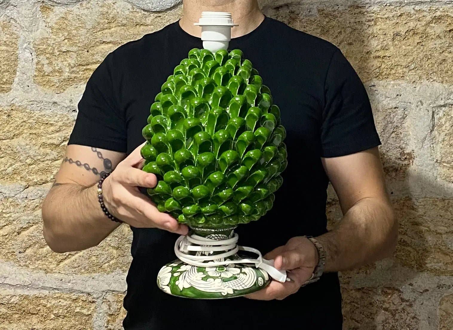DD Ceramiche Siciliane - Wholesale Accent/Desk Lamp - Caltagirone Ceramic Pine Cone Lamp cm H.30 Handcrafted Olive Green Decorated Base4