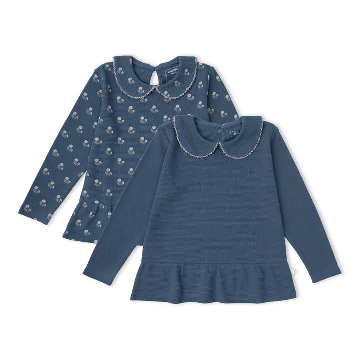 Set di 2 top peplum con colletto in cotone biologico - Indigo Blossom e Blu Navy per la vendita all'ingrosso da parte di Makemake Organics