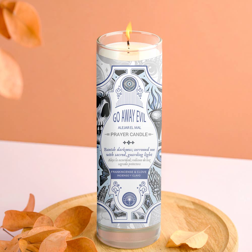 Designs by Deekay Inc. - Vendita all'ingrosso Candele votive - Candela di Preghiera Via il Male 8" (9,5 oz)1