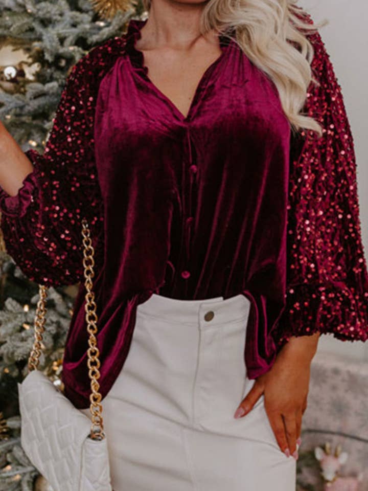 Sequin Notched Long Sleeve Blouse for wholesale by Beyond Apparel