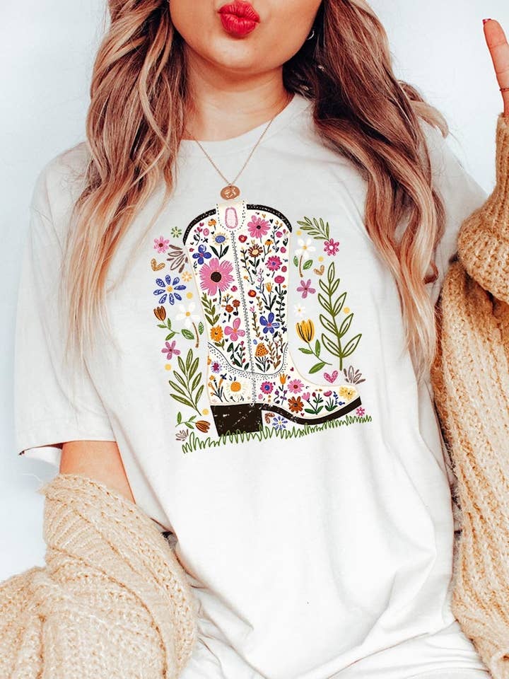 Western Floral Cowboy Boot Graphic Tee for wholesale by COLORBEAR