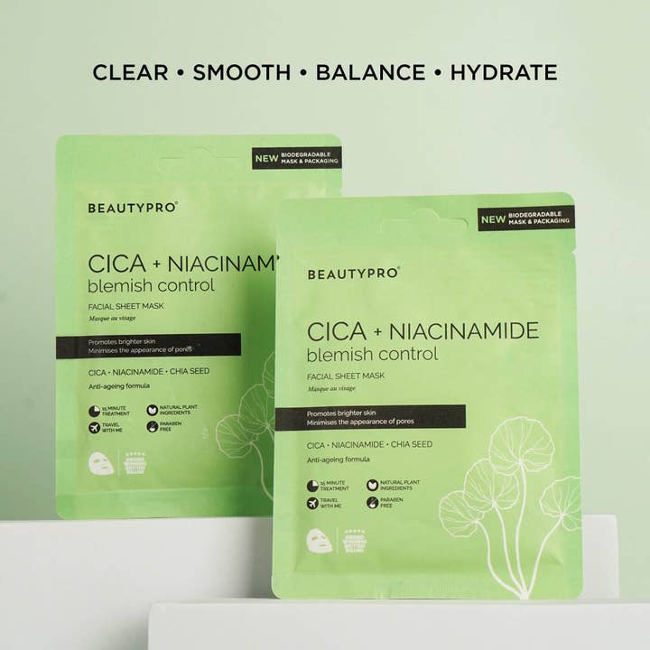 BEAUTYPRO – wholesale Skincare face mask – CICA + NIACINAMIDE Facial Sheet Mask - 100% Biodegradable3