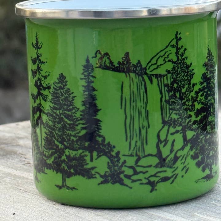 Waterwall in the Forest Green Enamel Camping Cup for wholesale by National Parks and Beyond