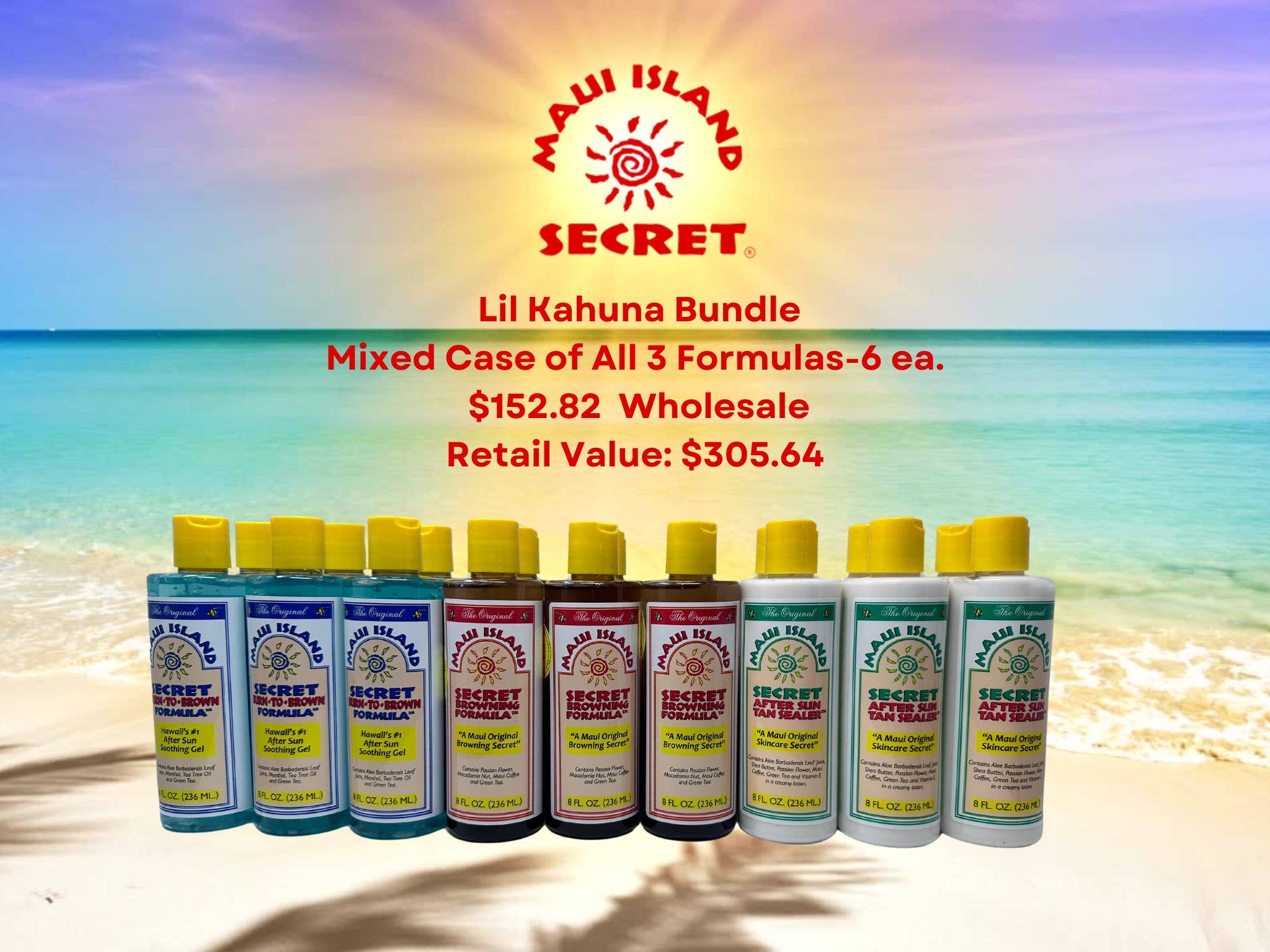 Maui Island Secret - Wholesale Aftersun/Sun Damage Repair Cream - Lil Kahuna Bundle - Mixed Case of All 3 Formulas - 6 ea.