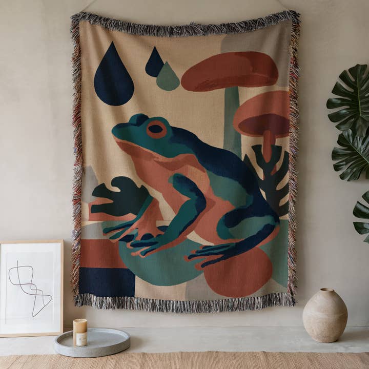 Modern Frog and Mushrooms Woven Blanket – Contemporary Throw for wholesale by CasaIuliia