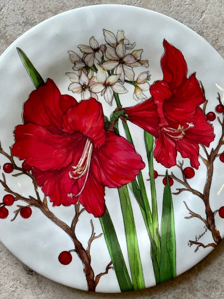 Amaryllis Christmas Holiday Bamboo Dinner Plate for wholesale by Bamboo Table