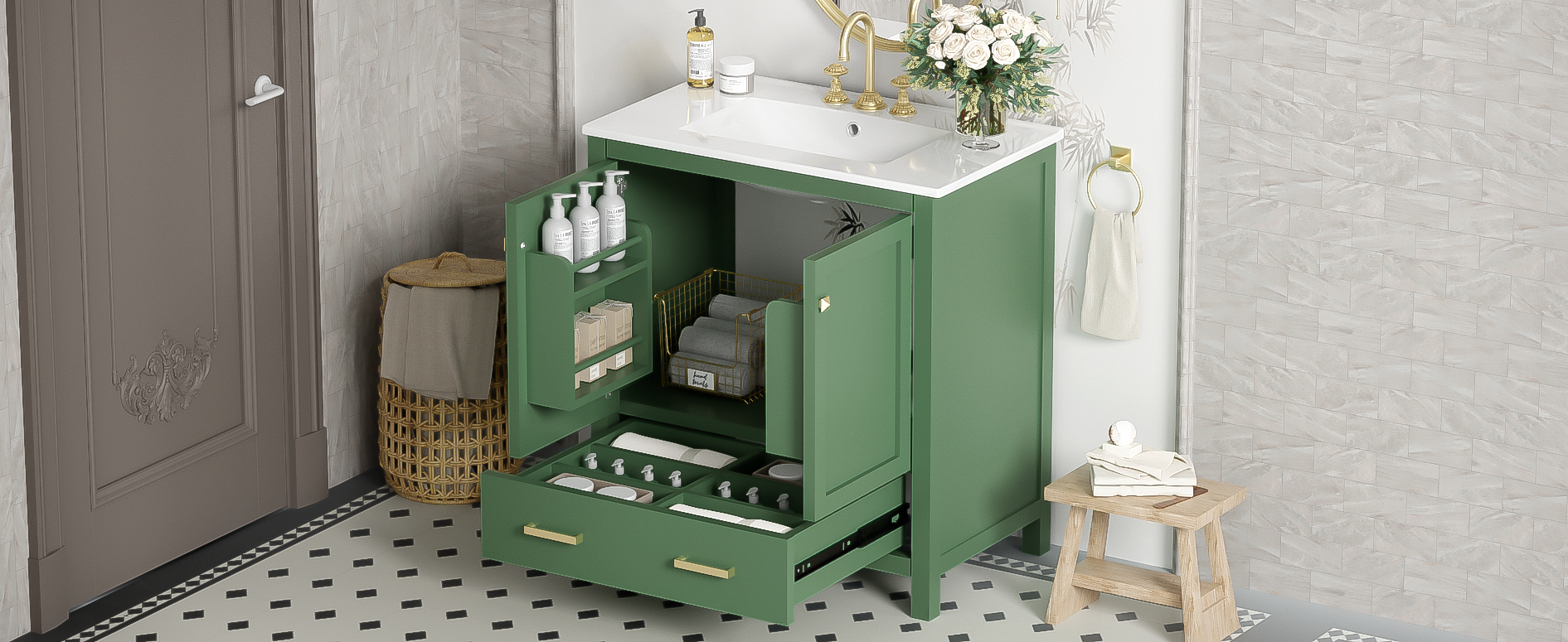 Orange County Decor - Wholesale Cabinet - 30 Inch Green Bathroom Vanity With Single Sink, Combination Under Counter Sink, Bathroom Storage Cabinet With 2 Doors And A Drawer, Soft Closure, Multifunctional Storage Wf324043 Green Bathroom24