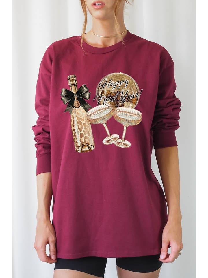 COLORBEAR - Vendita all'ingrosso Maglietta stampata - Donna - Maglietta a maniche lunghe grafica "Cheers Champagne"7