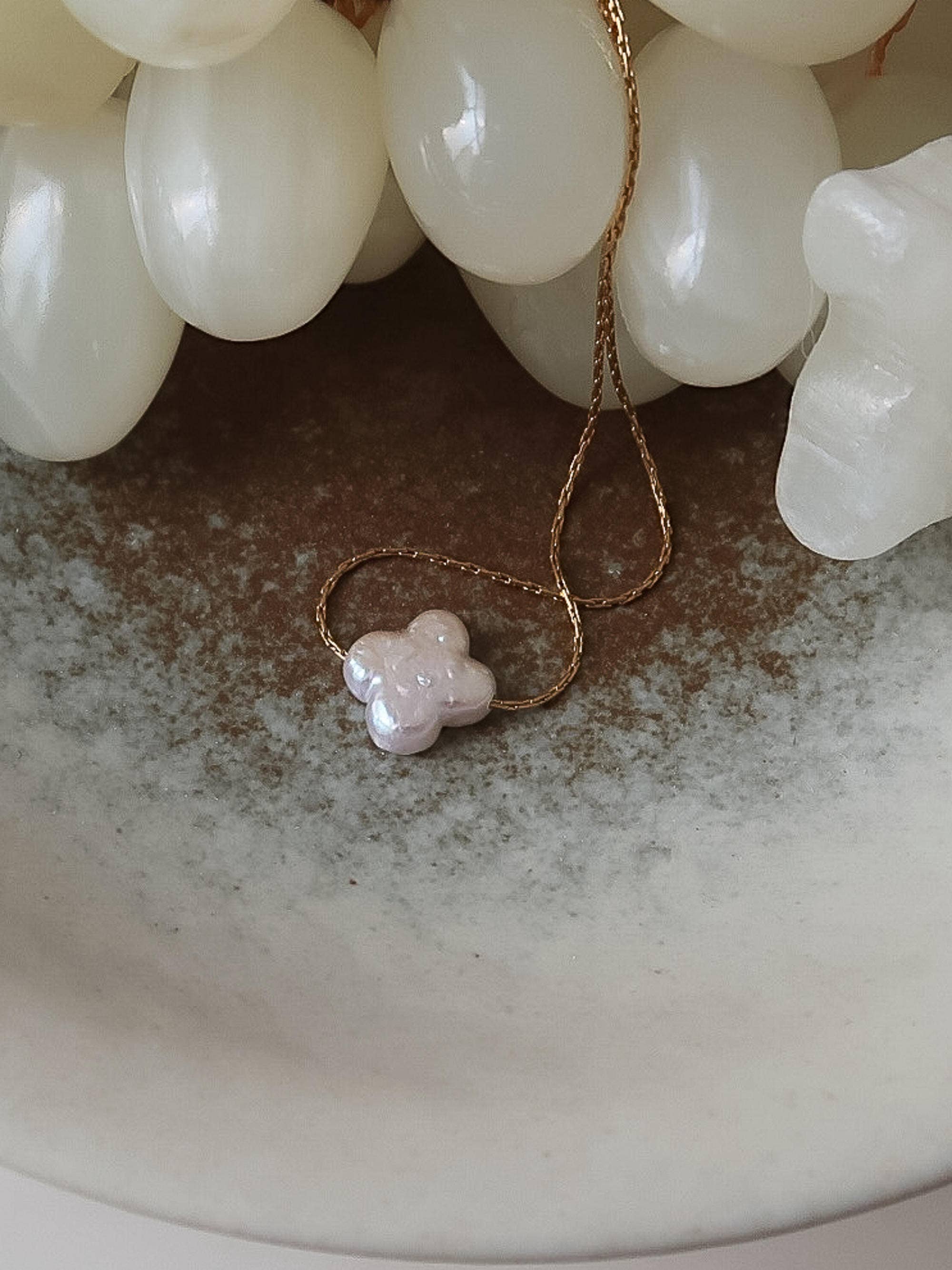 18K Gold Non-Tarnish Freshwater Pearl Clover, Heart Necklace for wholesale on Faire4