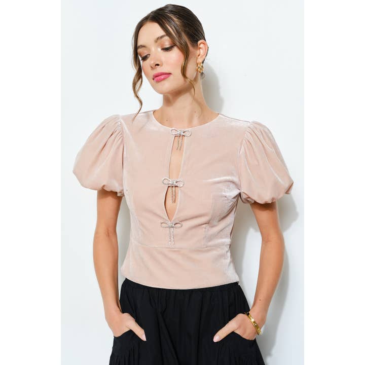 INA - Wholesale Blouse - Women's - Rhinestone Bow Cutout Velvet Puff Sleeve Top1