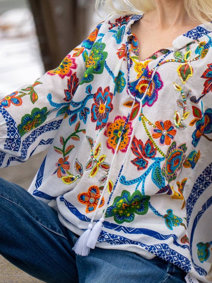 Artisan White Embroidered Floral Short KikiSol Tassel Top for wholesale by KikiSol