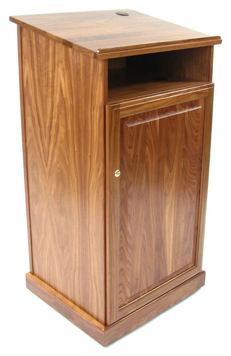 FIXTUREDISPLAYS – Armário por atacado – Púlpito para Chão com Armário de Armazenamento, Prateleira Aberta e Rodas - Mogno 119710