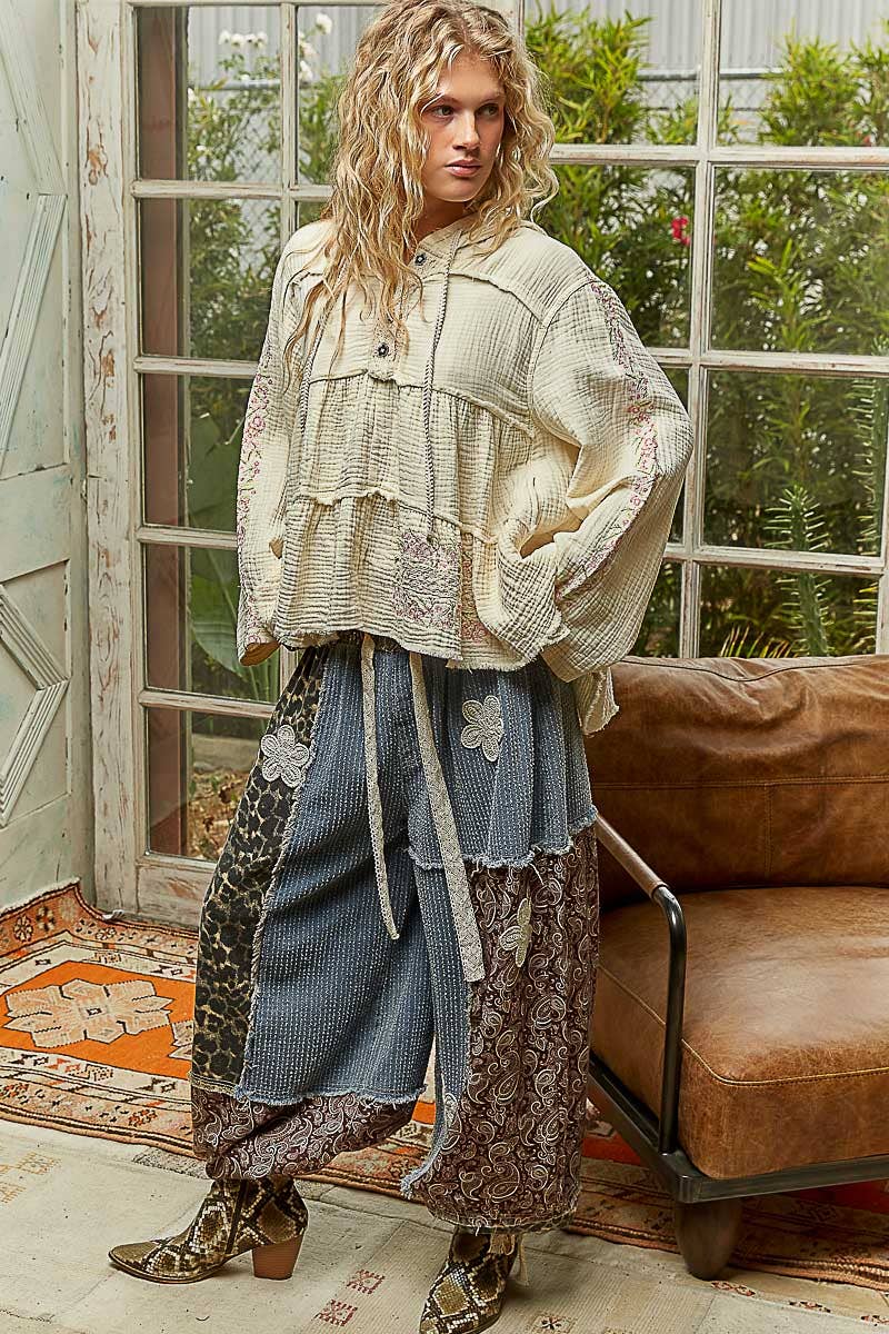 Pol Clothing - Wholesale Hoodie - Women's - Long Sleeve Double Gauze Embroidery Shirring Woven Top17