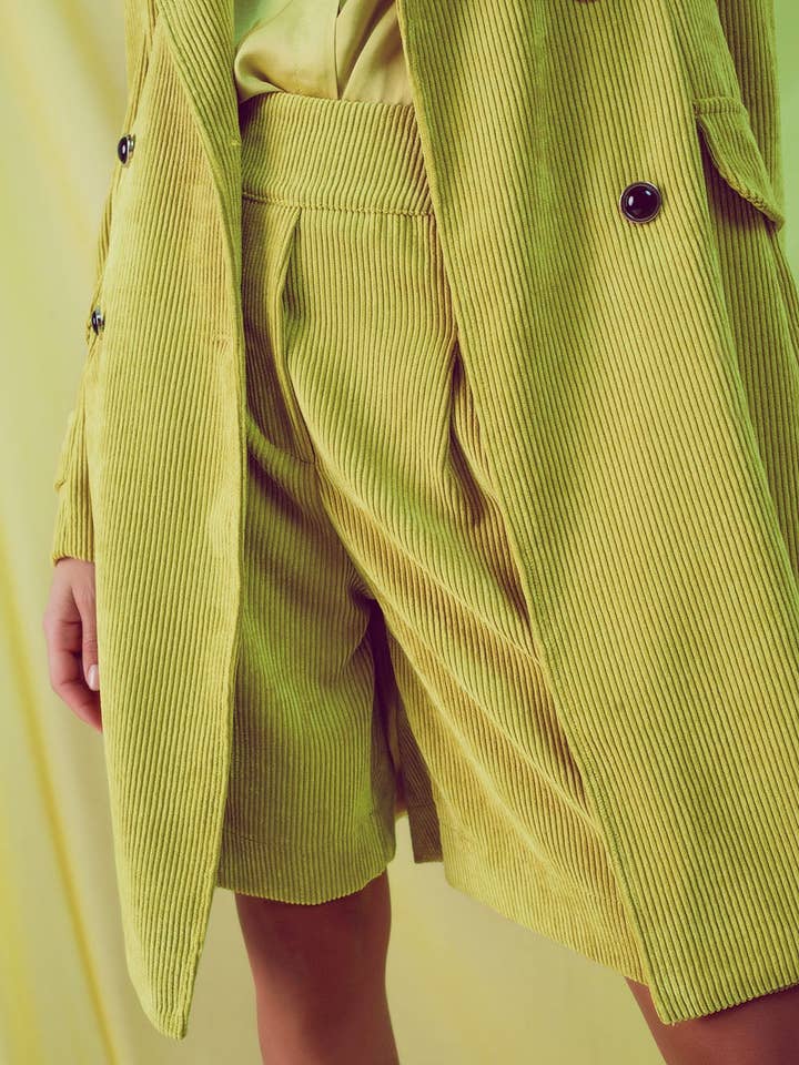 Green Longline blazer with vintage buttons in lime cord for wholesale on Faire4