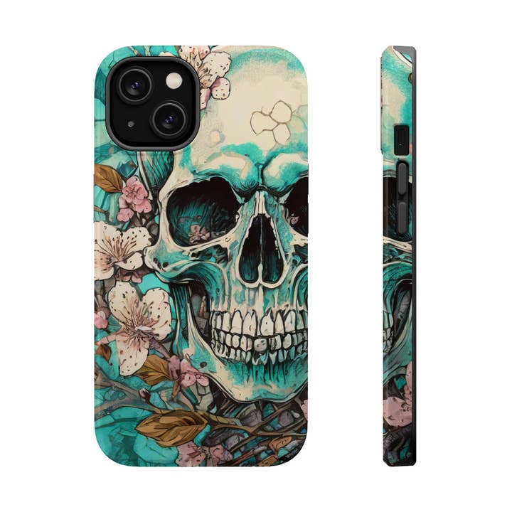 Teal Floral Skull Magnetic Tough Phone Case for wholesale by Studio 653 Clothing Co