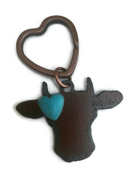 Rustic COW FACE Farm animal metal keychain with heart for wholesale by The Rustic Barn