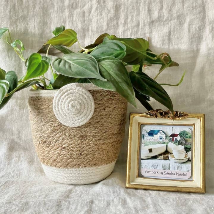 Artwork by Sandra Naufal - Vente Pot - Pot de fleurs blanc chaud et corde de jute