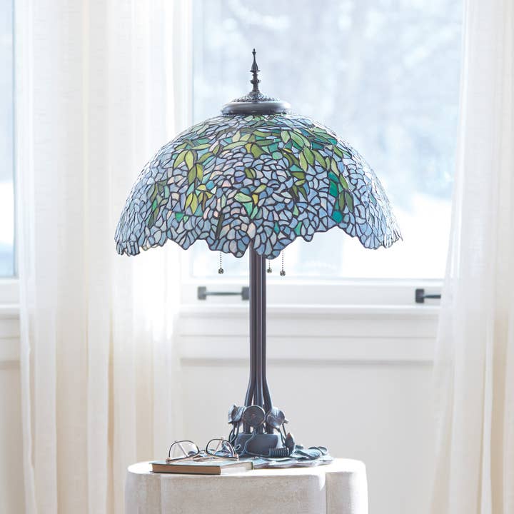 32" Tiffany Stained Glass Table Lamp - Wisteria Floral for wholesale by River of Goods