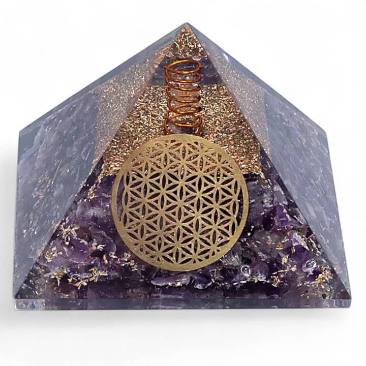 Amethyst orgonite pyramid flower of life (70mm) for wholesale by La Boîte à Cailloux