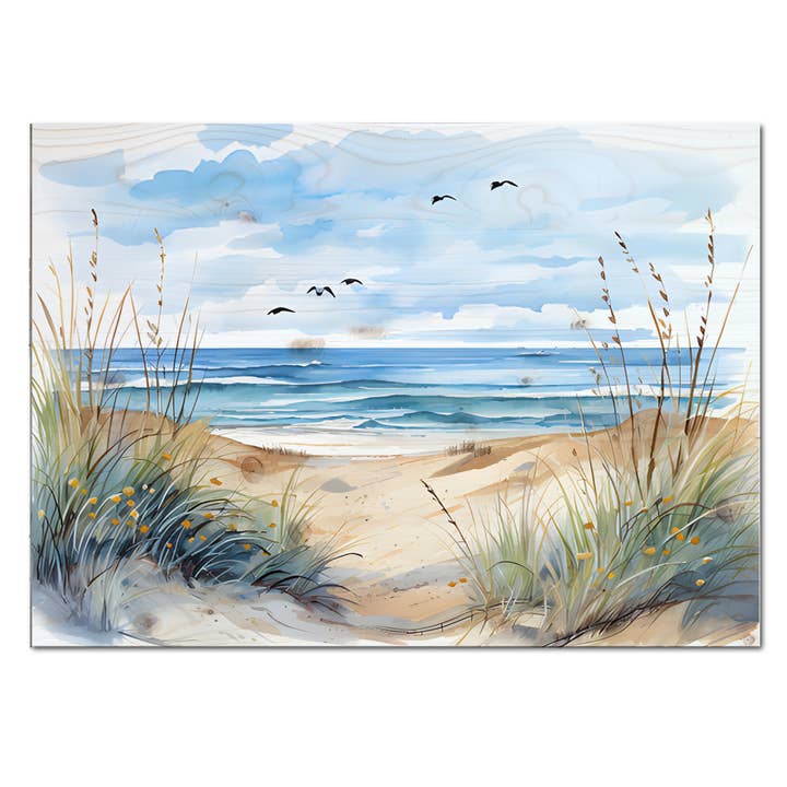 Beach Scene Wood Plank Art- 5x7 Inches- Sea Oats Sand Scene for wholesale by Map Mom