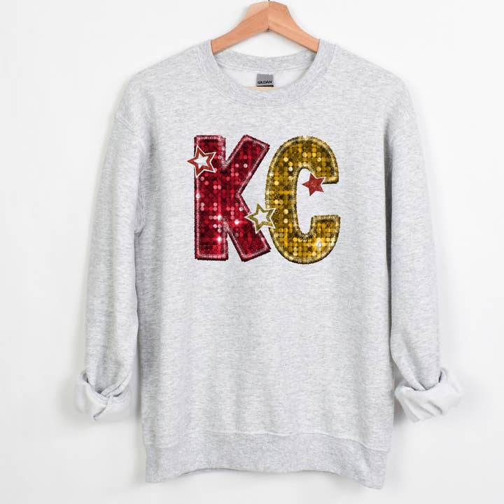 Camisola KC Vermelha e Dourada de Lantejoulas Faux por atacado de Farmtown Printing Company