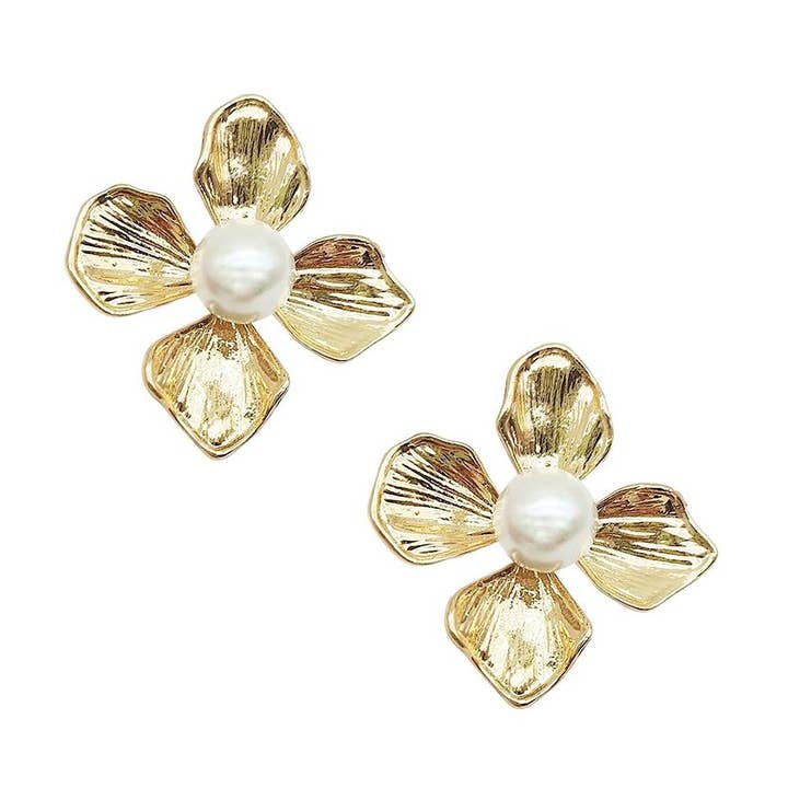 Diacly – wholesale Stud/post earrings – 12pk Bold Pearl Casting Flower Stud Earrings Gold