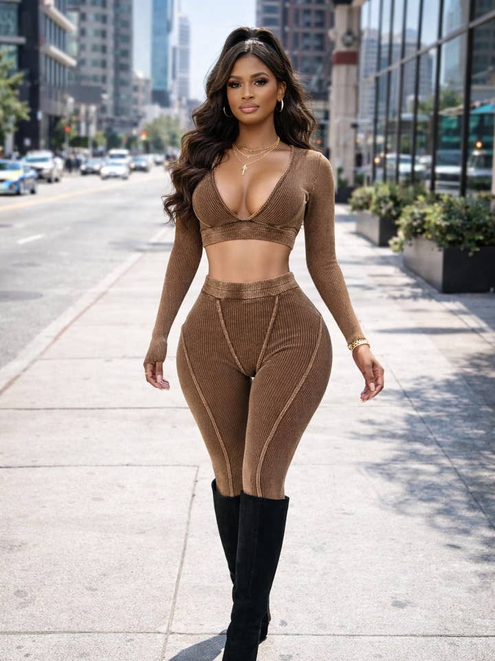 MINERAL WASH DEEP-V LONG SLEEVE & LEGGING SET for wholesale by Dalia Studio