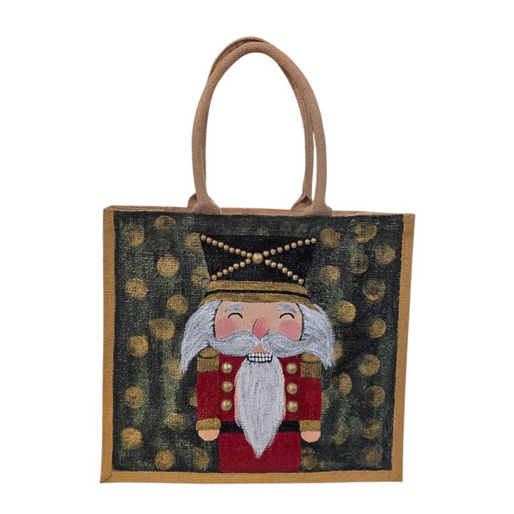 Dana's Uncommon Glass - Wholesale Tote Bag - Women's - Smiling Nutcracker Hand-Painted Jute Tote Bag (Golden Bokeh)
