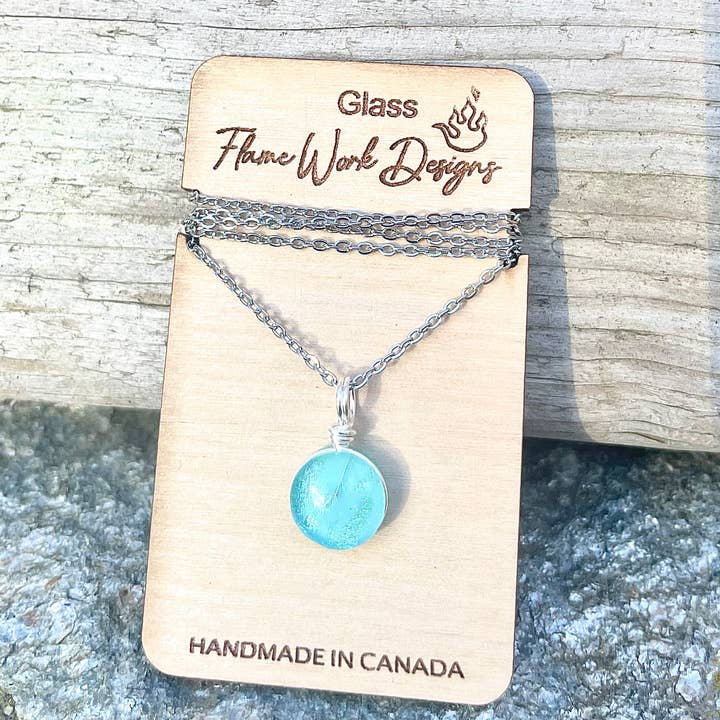 Flame Work Designs - Glass Jewelry – wholesale Pendant/charm necklace – Round Dichroic Glass Pendant - Light Blue