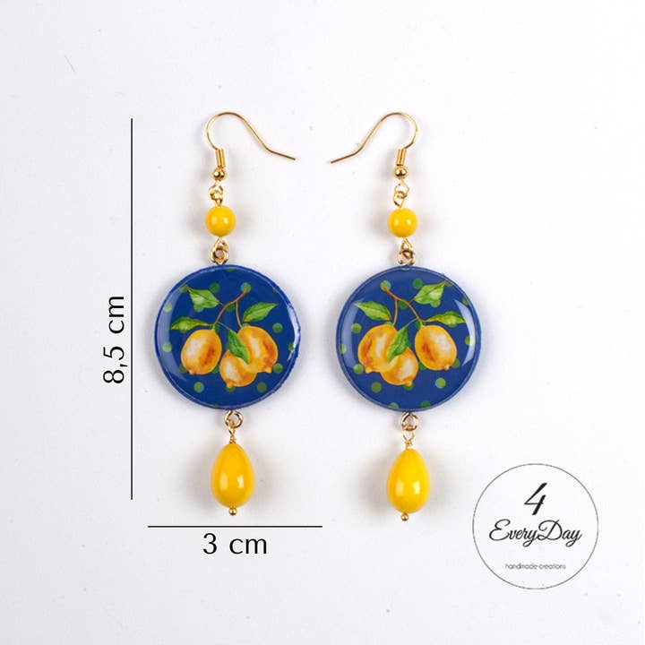 4everyday Handmade - Wholesale Dangle Earrings - Wood and resin earrings - lemons with blue background1